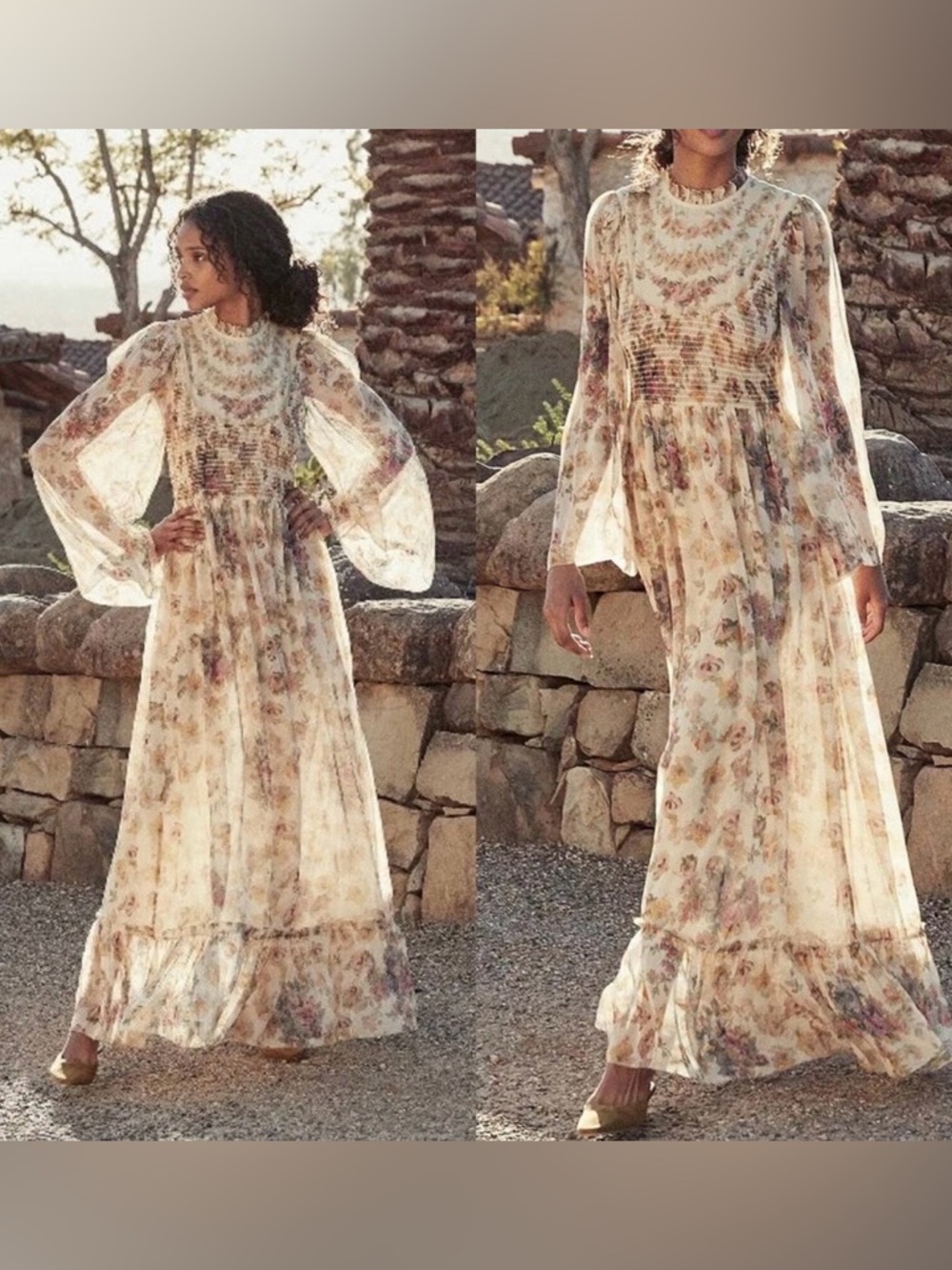 Rare Doen Tiarella maxi bell sleeve smocked floral dress gown small